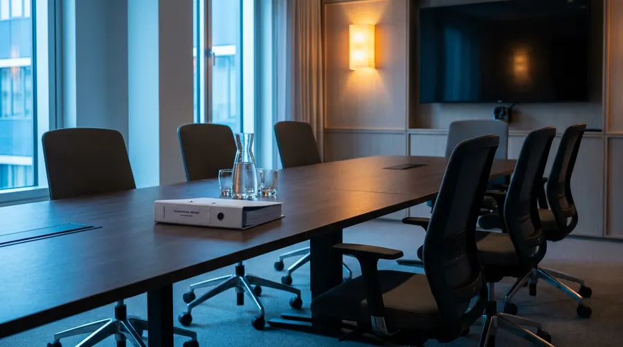 Salle de réunion vide, un rapport technique relié posé sur la table.