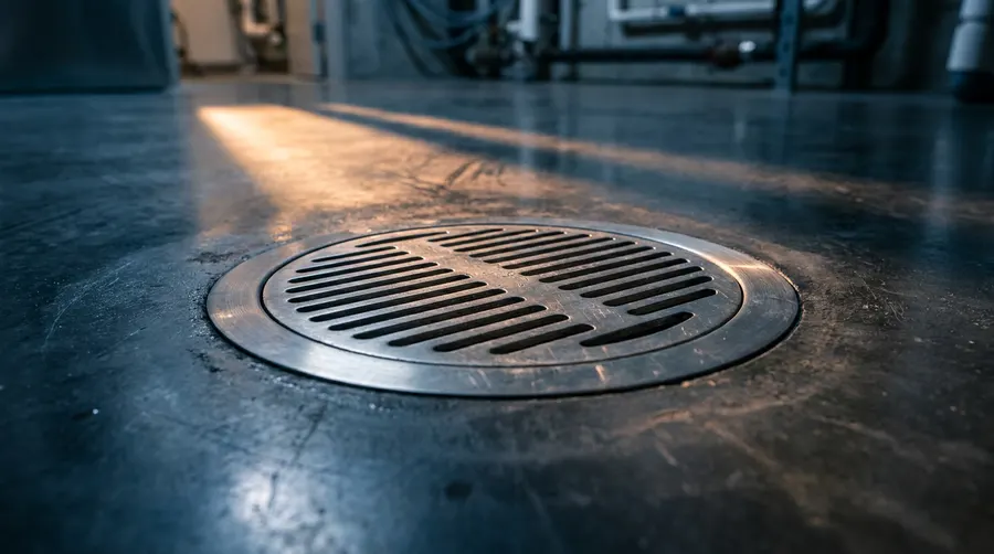 Siphon de sol en inox encastré dans un sol en béton ciré, éclairé en lumière rasante.