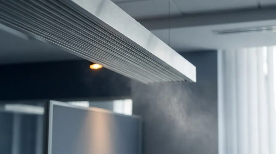 Diffuseur d'air métallique au plafond d'un bureau, un léger voile d'air visible en contre-jour.