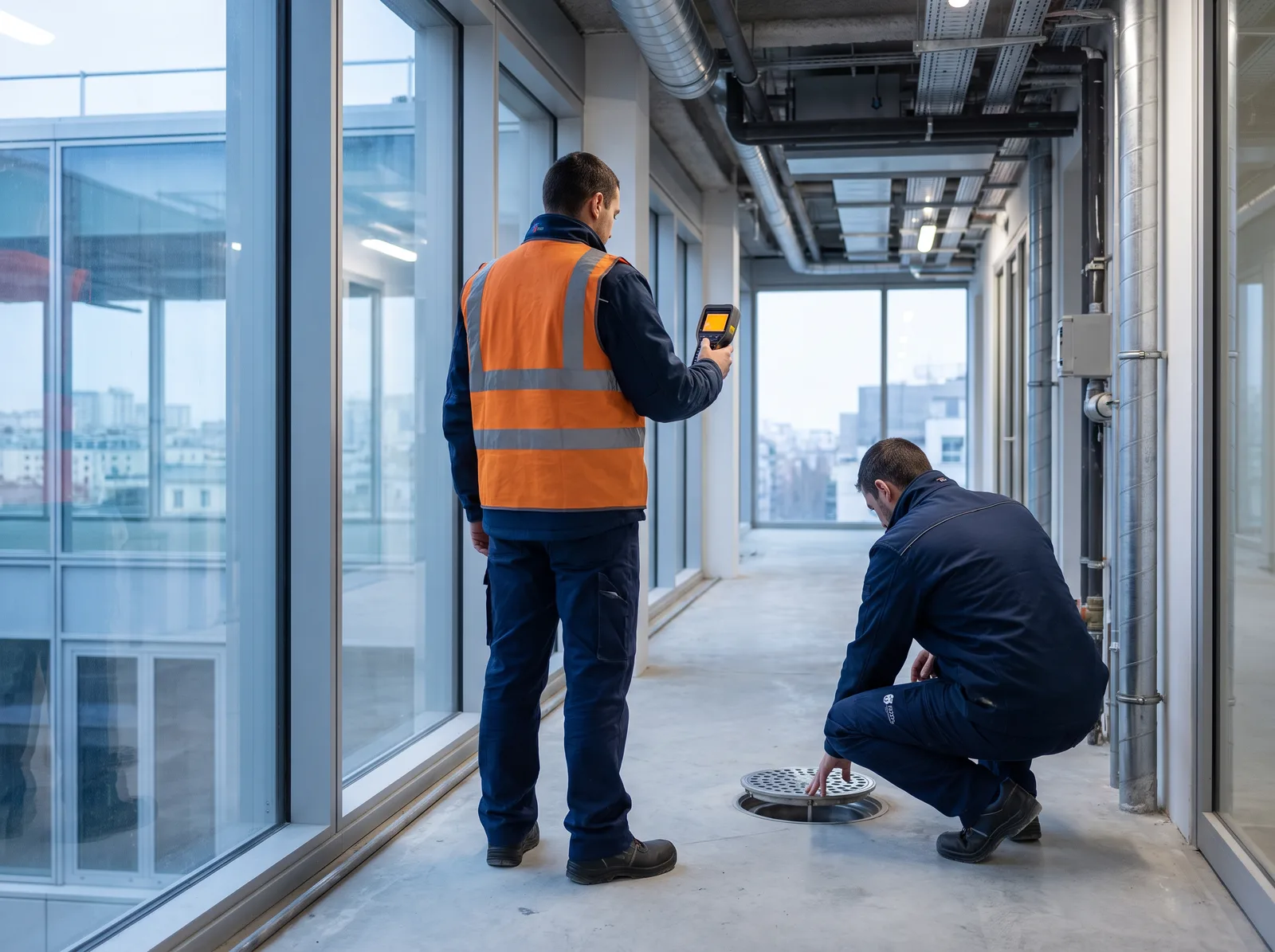 Deux techniciens en intervention dans un bâtiment tertiaire : l'un relève une mesure d'air sur un instrument portatif, l'autre inspecte un siphon de sol.